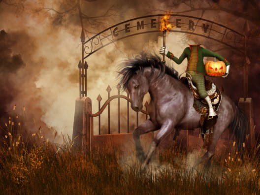 Jeździec bez głowy na tle cmentarnej bramy