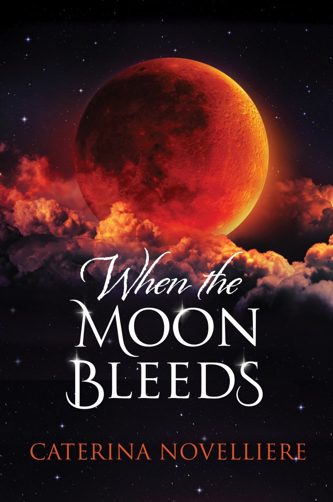 When The Moon Bleeds Book Cover featuring a full harvest moon